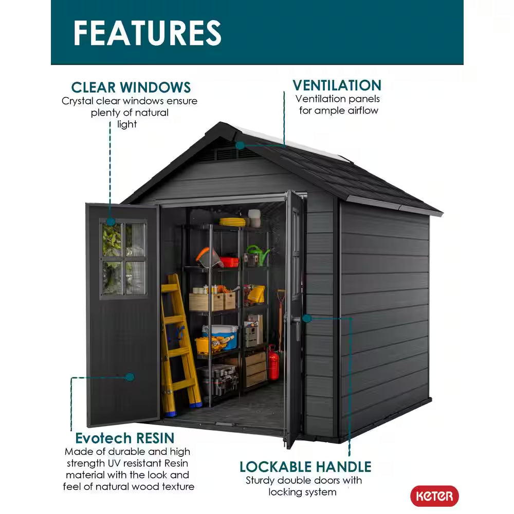 Newton 7.5 Ft. W X 7 Ft. D Durable Resin Plastic Storage Shed with Flooring Grey (Sq. Ft.)