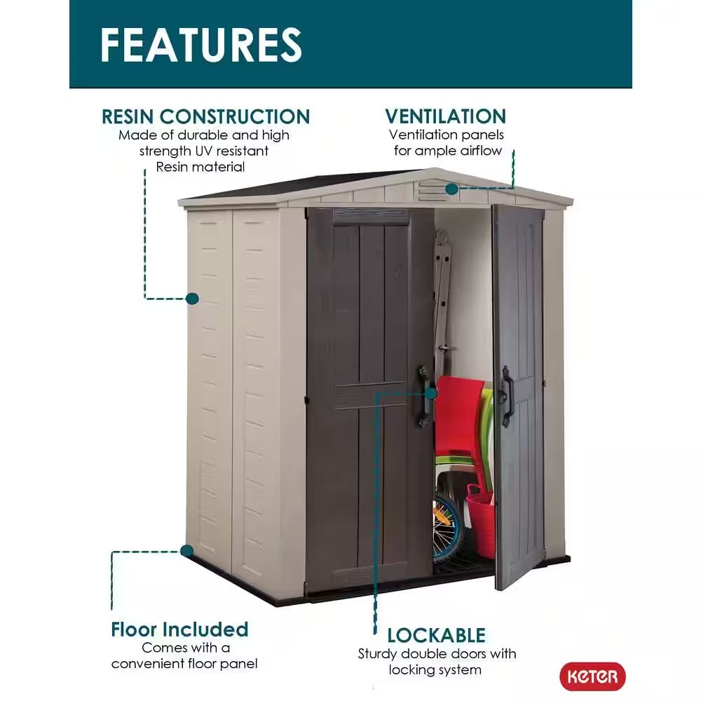 Factor 6 Ft. W X 3 Ft. D Outdoor Durable Resin Plastic Storage Shed with Double Doors, Taupe and Brown (22.9 Sq. Ft.)
