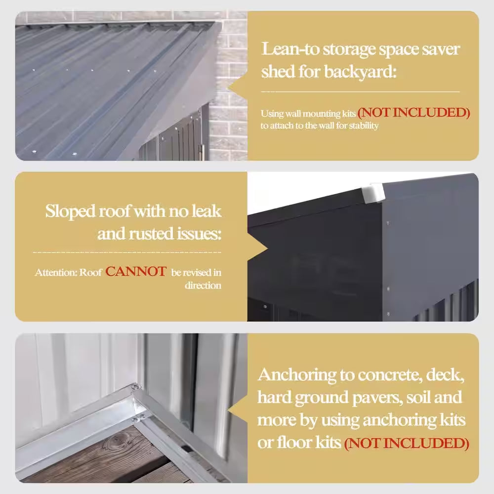 4 Ft. W X 8 Ft. D Metal Storage Lean-To Shed 33 Sq. Ft. in Gray