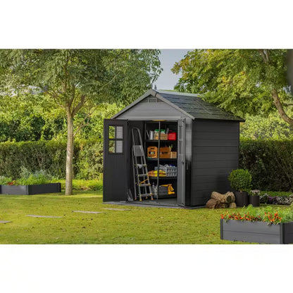 Newton 7.5 Ft. W X 7 Ft. D Durable Resin Plastic Storage Shed with Flooring Grey (Sq. Ft.)