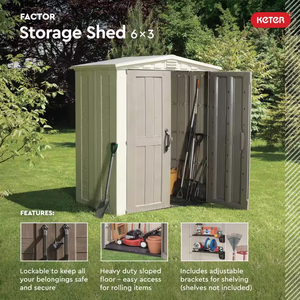 Factor 6 Ft. W X 3 Ft. D Outdoor Durable Resin Plastic Storage Shed with Double Doors, Taupe and Brown (22.9 Sq. Ft.)